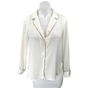 Zara White Silk Satin Long Sleeve Collared Button Down Shirt Blouse Top Size XS